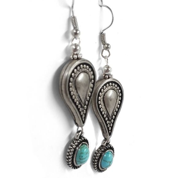 Silvertone Teardrop & Turquoise Earrings - Picture 3 of 3